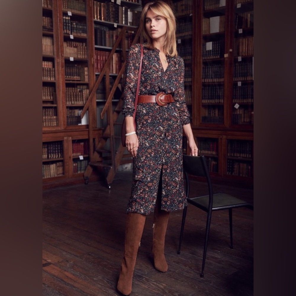 Sezane Floral Long Sleeve Dress - Black and Brown